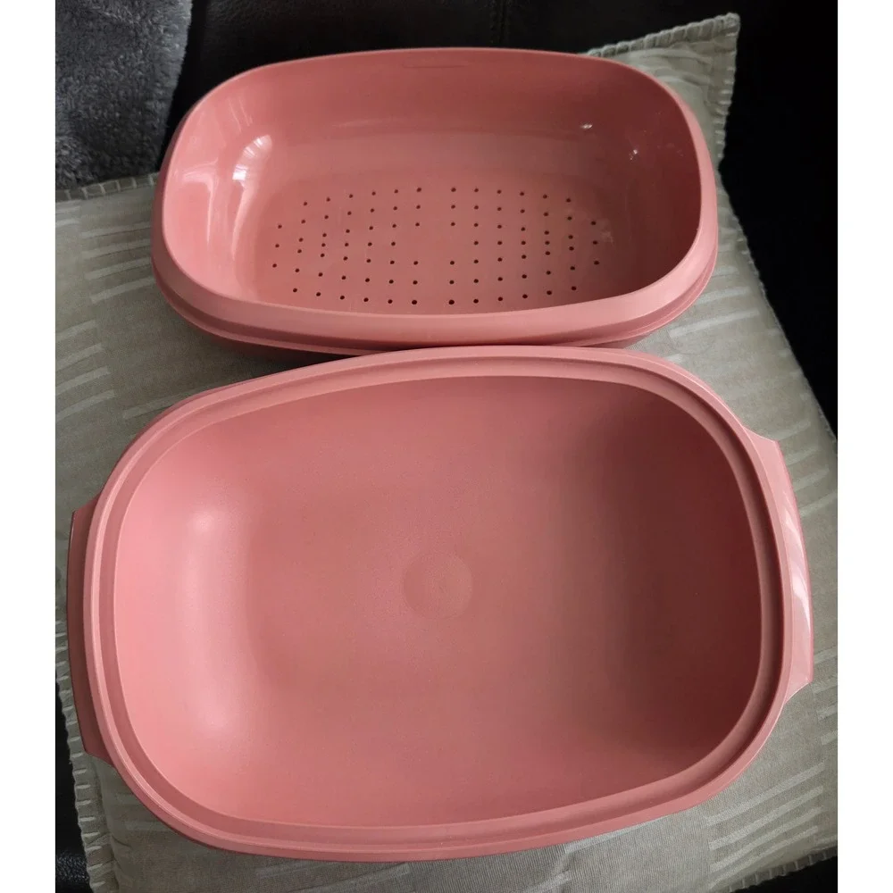 Tupperware Vtg Microwave Steamer 6 Cup 1.4L 3 Piece Set Pink‎ 1273-4 Made in USA